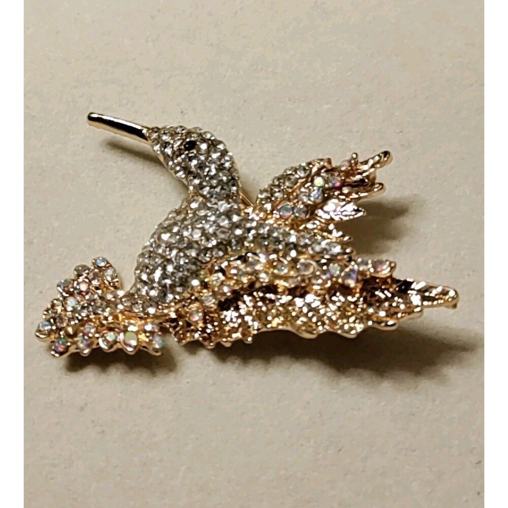 Gold Tone & Clear Rhinestone Hummingbird Brooch/Pendant 2" Wide X 2" Long